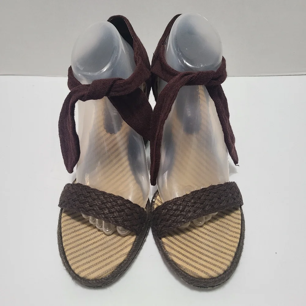 Tommy Hilfiger Open Toe Ankle Tie Wrap Brown  Wedge‎ Sandal Womens Size 11
